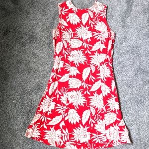 Red and white floral sheath dress with flared skirt